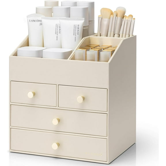 Makeup Organizer for Vanity,Large Capacity Countertop Organizer with Drawers, PU Leather Cosmetic Display Case for Lipstick,Brushes,Skincare,Bedroom Storage