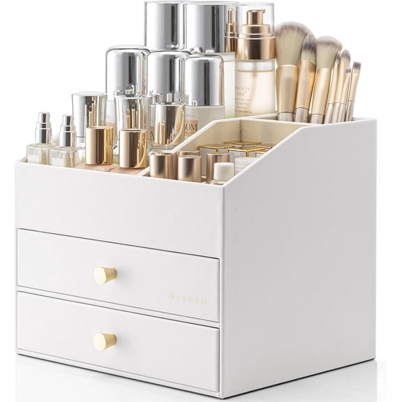 Makeup Organizer for Vanity,Large Capacity Countertop Organizer with Drawers, PU Leather Cosmetic Display Case for Lipstick,Brushes,Skincare,Nail polish and Bedroom Storage (White)
