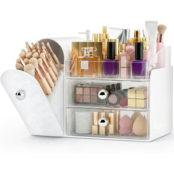 Makeup Organizer, White Skincare Organizer with Makeup Brush Holder, Makeup Storage with Drawers, for Lipstick, Perfume, Nail Polish, Beauty