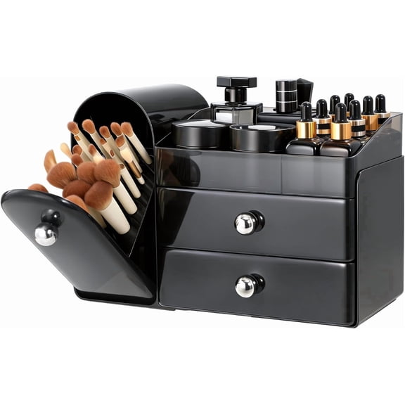 Makeup Organizer, Black Skincare Organizer with Makeup Brush Holder, Makeup Storage with Drawers, for Lipstick, Perfume, Nail Polish, Beauty