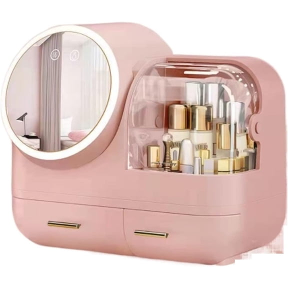Makeup Organizer Vanity Plastic Cosmetic Storage Box with Fan LED Makeup Mirror Dressing Table Bathroom Desktop Shelf Make Organizers Vanity(Pink)