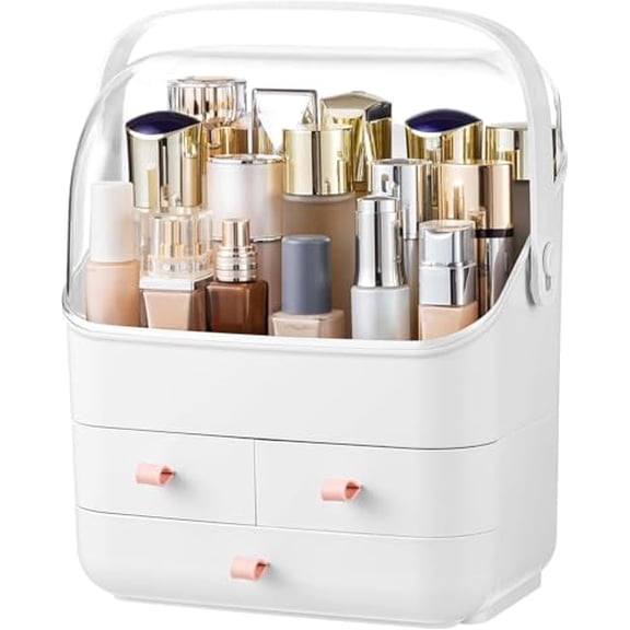 Makeup Organizer, Waterproof & Dustproof Cosmetic Storage, Fully Open Lid Makeup Display Box, Skincare Organizer for Bathroom Countertop Vanity, White