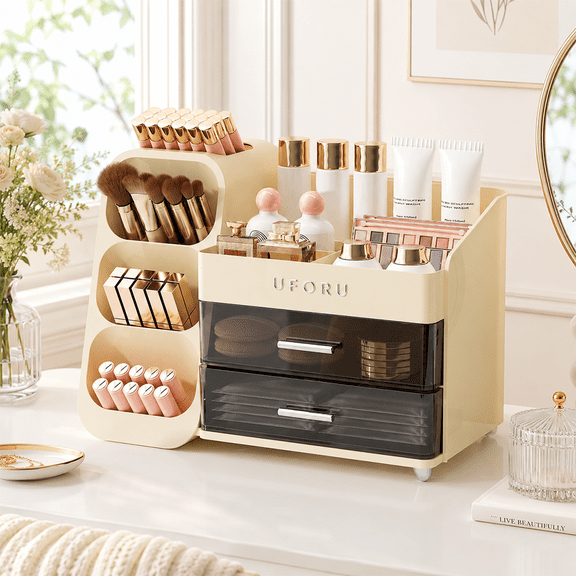 Makeup Organizer for Vanity, Countertop Organizer With 2 Large Drawers, Cosmetic Display Case for Beauty Essential(Cream White)