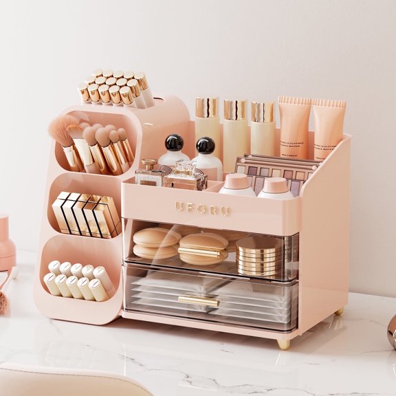 Makeup Organizer for Vanity, Countertop Organizer With 2 Large Drawers, Cosmetic Display Case for Beauty Essential（Pink）