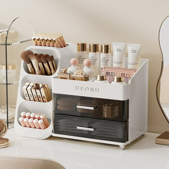 Makeup Organizer for Vanity, Countertop Organizer With 2 Large Drawers, Cosmetic Display Case for Beauty Essential(White)