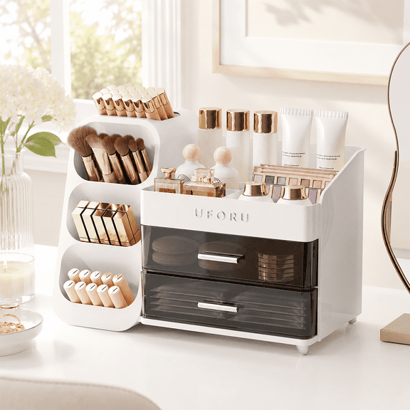Makeup Organizer for Vanity, Countertop Organizer With 2 Large Drawers, Cosmetic Display Case for Beauty Essential(White)