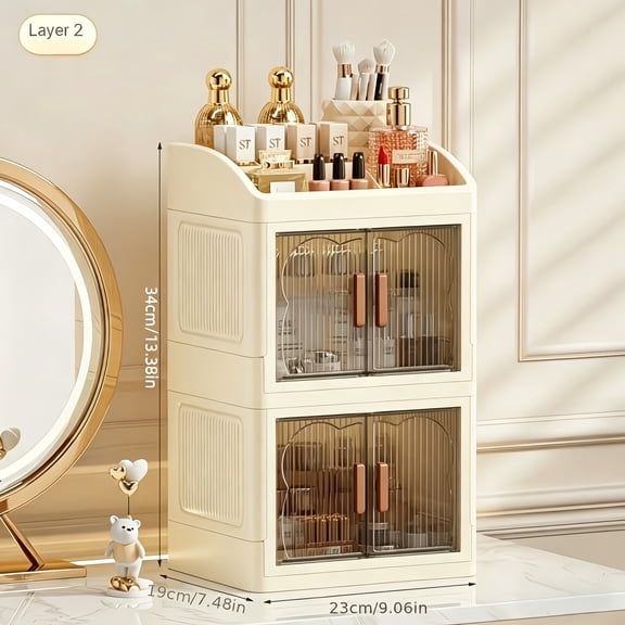 Makeup Organizer with 2/3 Layer Dustproof Cabinet, Cream Cosmetic Storage for Vanity