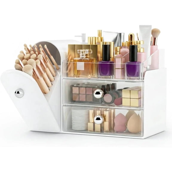 Makeup Organizer with 2 Drawers, Plastic Countertop Cosmetic Storage Box for Vanity, White