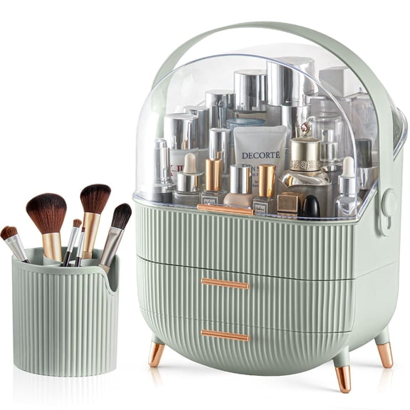 Makeup Organizer with 2 Drawers and Brush Storage Box Cosmetic Display Case for Vanity and Bathroom Countertop Storage Sage Green