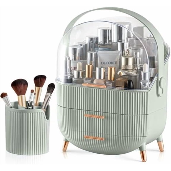 Makeup Organizer with 2 Drawers and Brush Storage Box, Display Case for Vanity and Bathroom Countertop Storage (Sage Green)