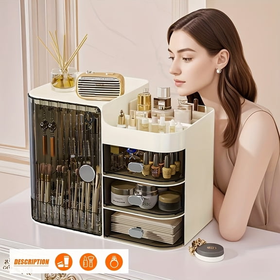 Makeup Organizer with 3 Drawers, Cosmetic Storage Box for Vanity, White Bathroom Countertop