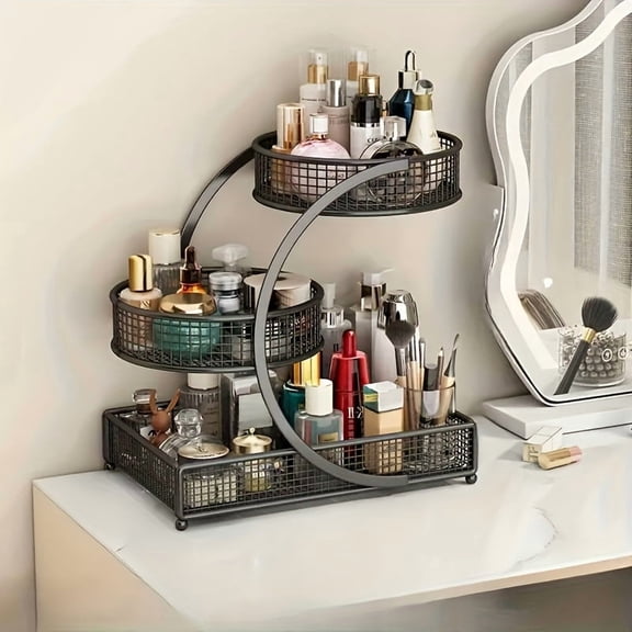 Makeup Organizer with 3 Tier Metal Rack, Black Vanity Countertop Shelf for Brushes