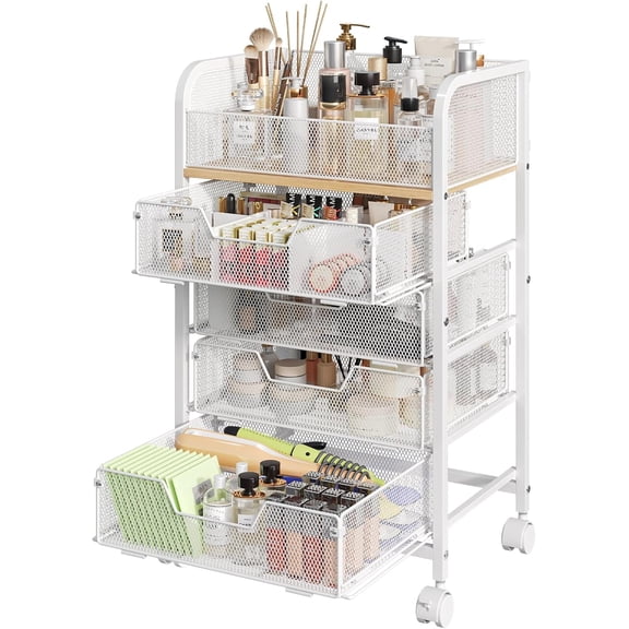 Makeup Organizer with 4 Drawers, Skincare Storage with Wheels, Vanity Cosmetic Holder for Perfume, Nail Polish, Brushes, White