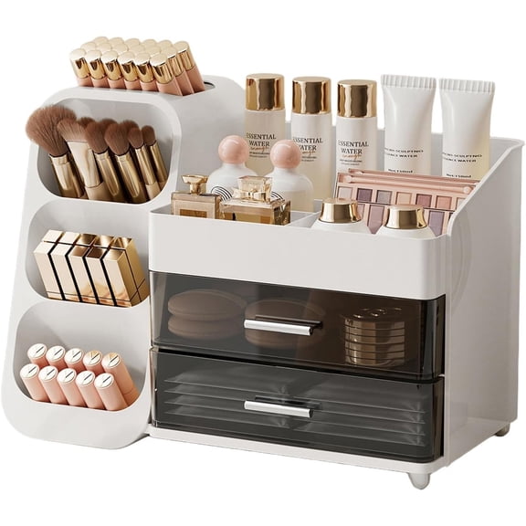 Makeup Organizer with Brush Holder, Countertop Organizer with 2 Drawers for Beauty Essential, Skincare, Lipstick