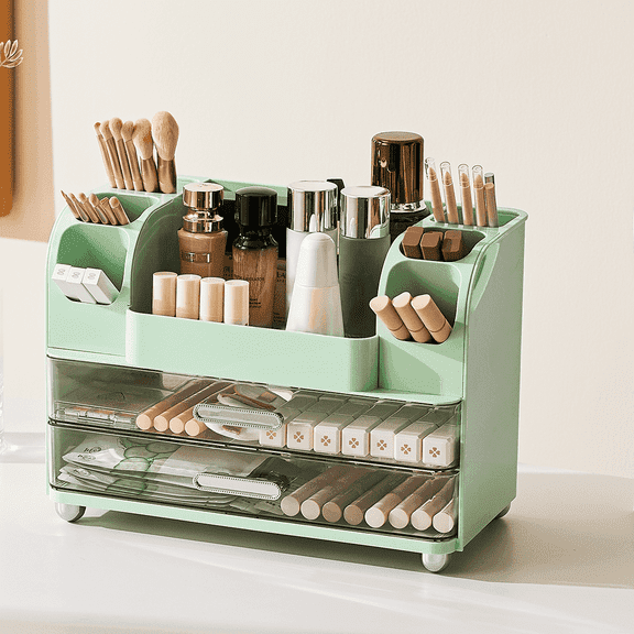 Makeup Organizer with Brush Holders & 2 Drawers, Countertop Bathroom Storage Organizer for Cosmetics, Skincare & Desk Supplies for Vanity(Green)