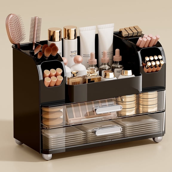 Makeup Organizer with Brush Holders & 2 Drawers, Countertop Bathroom Storage Organizer for Cosmetics, Skincare & Desk Supplies for Vanity（Black）