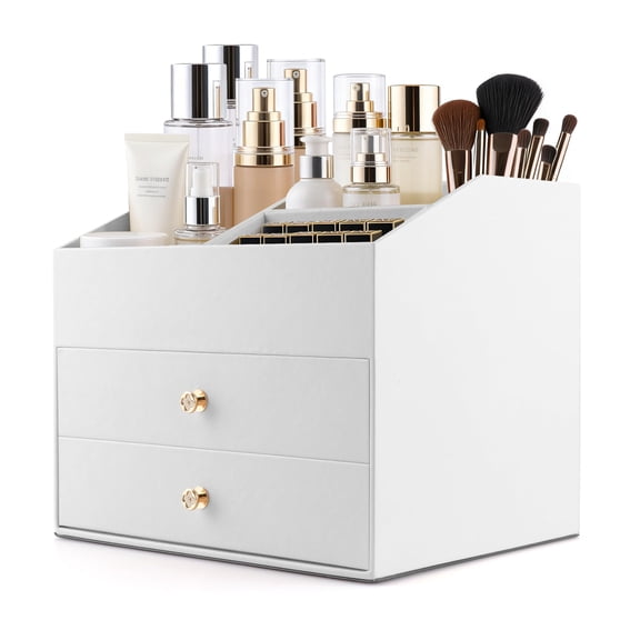 Makeup Organizer with Drawers, PU Leather Cosmetic Storage Box Large Cosmetic Display Case for Skincare, Lipstick, Brushes, Bedroom Storage(White)