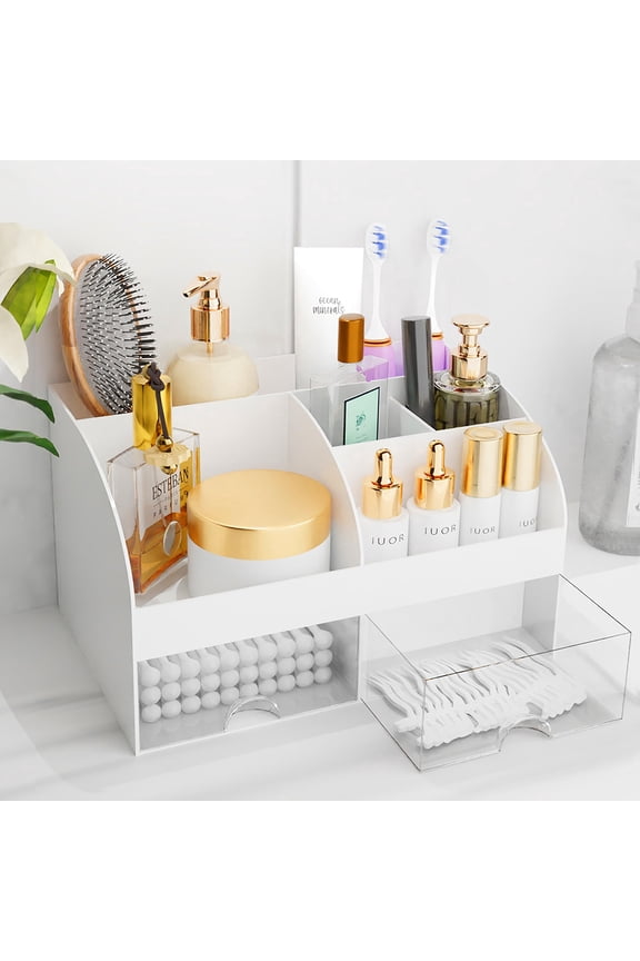 Makeup Organizer with Drawers, White Cosmetic Storage Case for Vanity & Bathroom Countertop - Beauty Holder for Lipstick, Brushes & Skincare Products