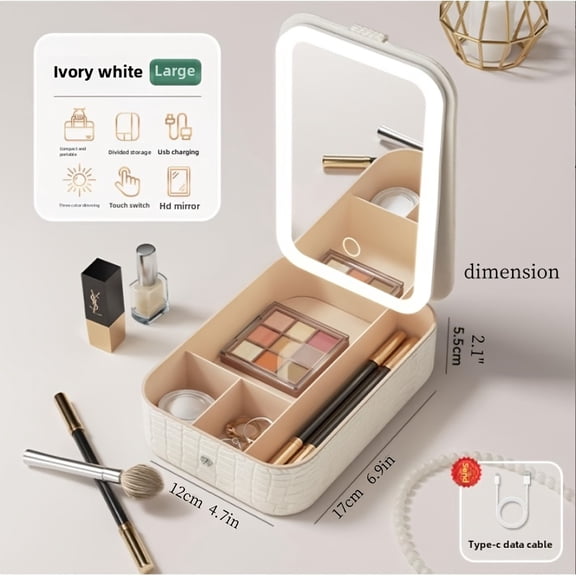 Makeup Organizer with LED Lighted Mirror, Rechargeable Cosmetic Storage Box, Ivory White