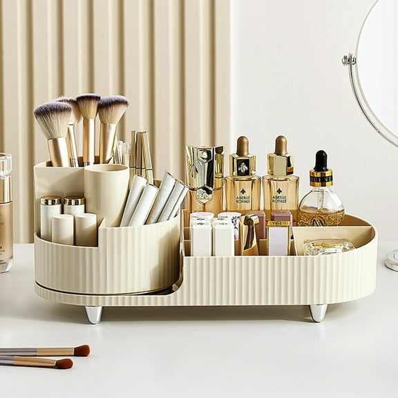 Makeup Organizer with Rotating Brush Holder, Large Beauty Organizer for Cosmetic Storage, 13.6” x 5.8” x 5.7”