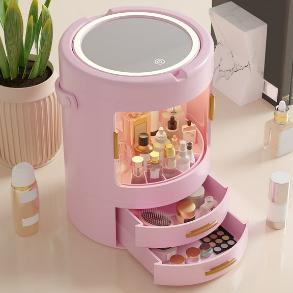 Makeup Organizer with Tri-Color LED Lighted Mirror, Portable Rotating Cosmetic Storage Box for with Lid and Drawers for Countertop, Vanity