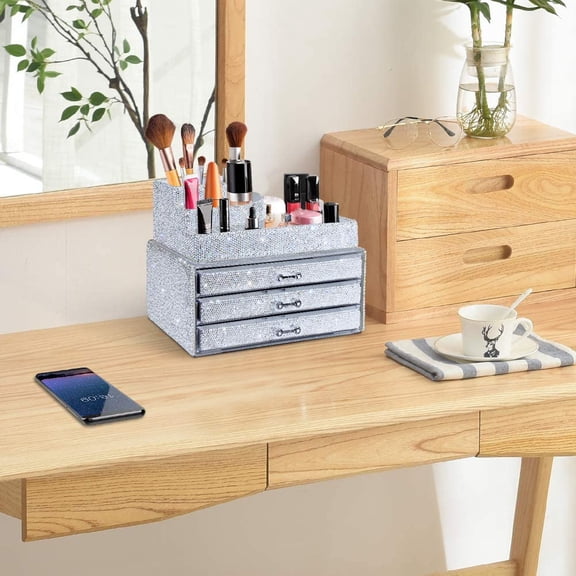 Makeup Organizers Drawer Bling Diamond, Countertop Jewelry Cosmetic Storage Display Boxes, Makeup Brush Holder, 2 Pieces Set (Purely Handmade) (White)