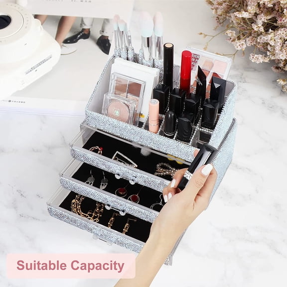 Makeup Organizers Drawer Bling , Fashion Countertop Jewelry Cosmetic Storage Display Boxes, Makeup Brush Holder, Cosmetic Holder, 2 Pieces Set (Purely Handmade) (White)