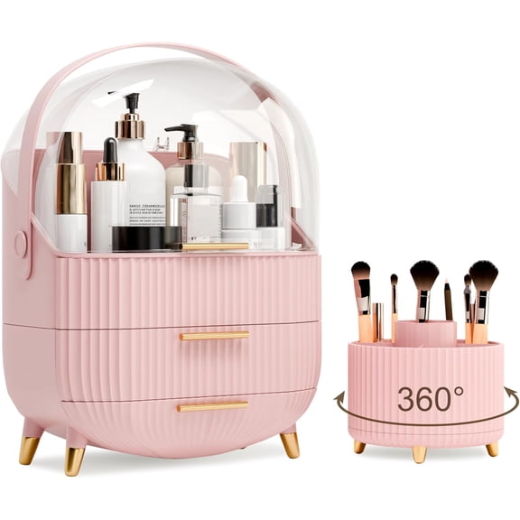 Makeup Organizers and Storage Make up Organizer for Vanity Cosmetics Skincare With Lid and Drawers Display Cases for Countertop Bathroom Women Teenager Girl Gifts(Pink+Brush Holder)