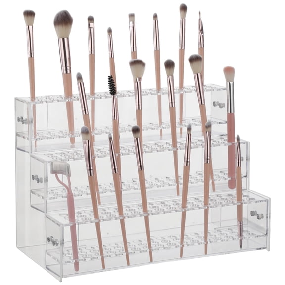 Makeup Paint Brush Organizer Rack, 3 Layers 144 Holes Clear Acrylic Pen Display Stand, Stepped Pencil Storage Rack, Multi-Level Cosmetic Brush Holder for Vanity, Craft Show Station