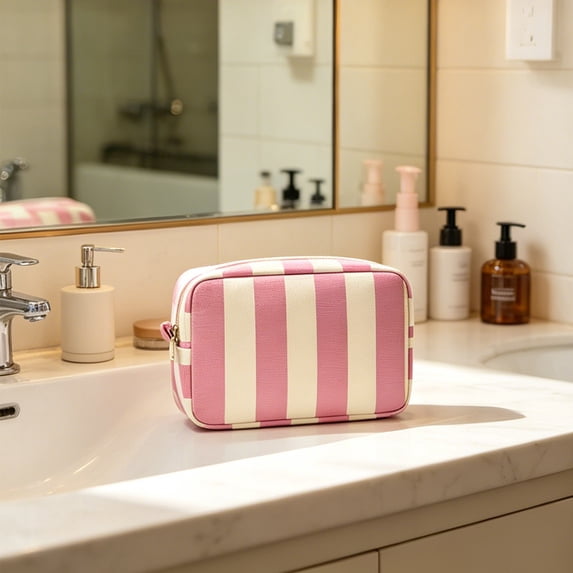 Makeup Pouch,Toiletry Bag Striped Corduroy Organizer,Spacious Zipper Bag for Travel Gym and Daily Storage(Pink)