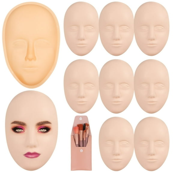 Makeup Practice Face Set, Including 8 Pcs Silicone Mannequin Face, 1 Practice Face Board and 8 Makeup Brushes for Beginner to Practice Paint, Permanent Makeup, Art Creation