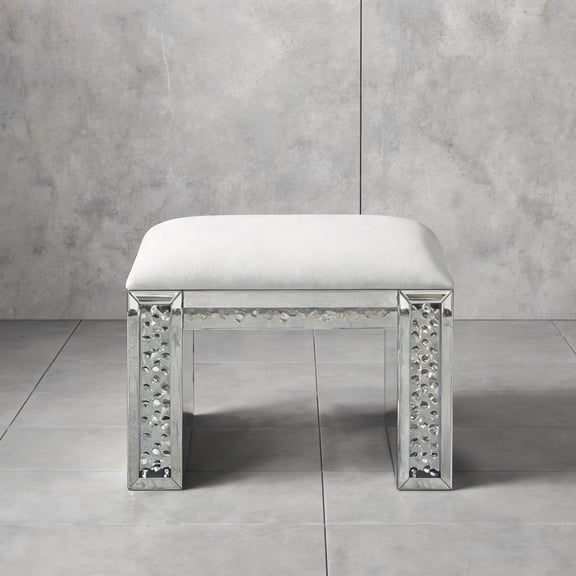 Makeup Room Classic Silver Faux Leather Vanity Stool with Beveled Mirrored Base and Faux Crystals, Glam Style