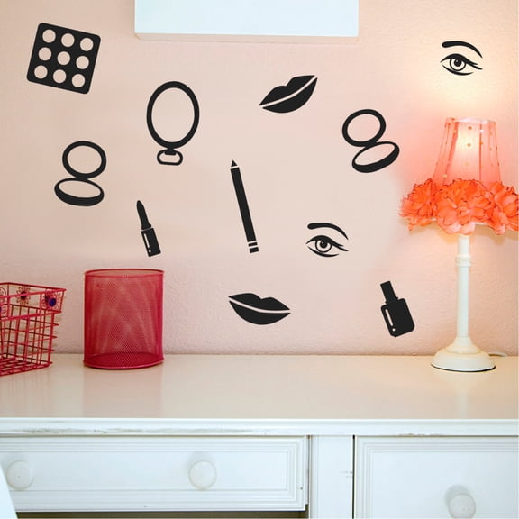 Makeup Set of 16 Vinyl Art Wall Decals - 1" to 4" Each - Vinyl Wall Stickers - Beauty Trend Vinyl Stickers - Bedroom Dorm Room Vinyl Stickers - Fashion Wall Art Vinyl Sticker Decor