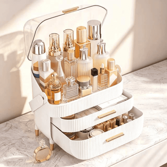 Makeup & Skincare Organizer, Cosmetic Display BEIYU Case with Transparent Cover, Countertop Storage Organizer for Bathroom, Bedroom Vanity Desk, Lipstick Holder, White