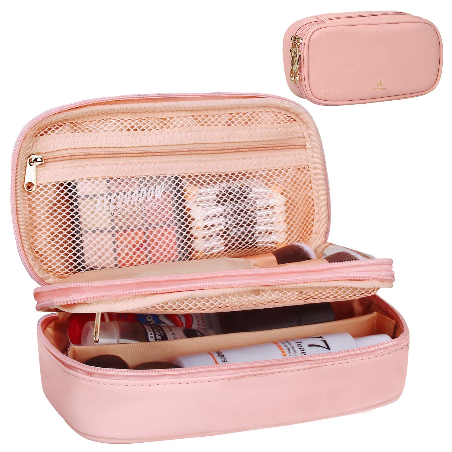 Makeup Small Travel Cosmetic Brushes Bag for Women Girls Portable 2 Layer Case  Brush Organizer Christmas Gift, Pink 
