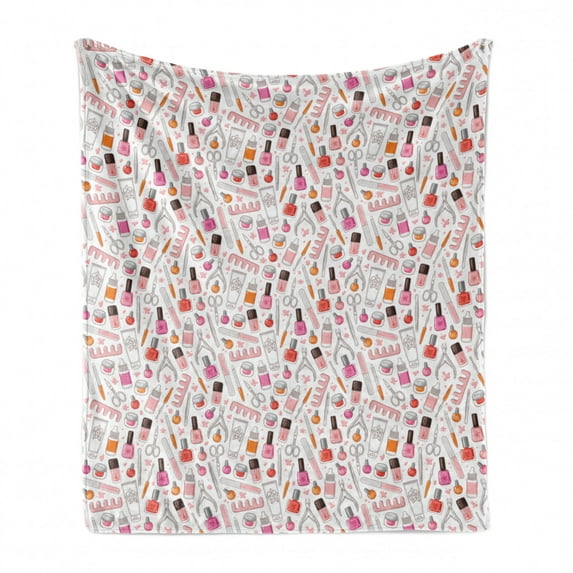 Makeup Soft Flannel Fleece Blanket, Illustration of Girly Nail Polish Glamour Lotion Women Accessories Clippers, Cozy Plush for Indoor and Outdoor Use, 60" x 80", Magenta Pale Pink, by Ambesonne