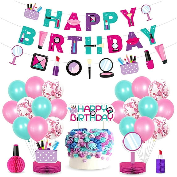 Makeup Spa Theme Party Supplies Decoration for Girls Makeup Birthday Party Includes Birthday Banner Cake Topper Pick, Latex Balloon Honeycomb Centerpiece for Women Girls Slumber Party