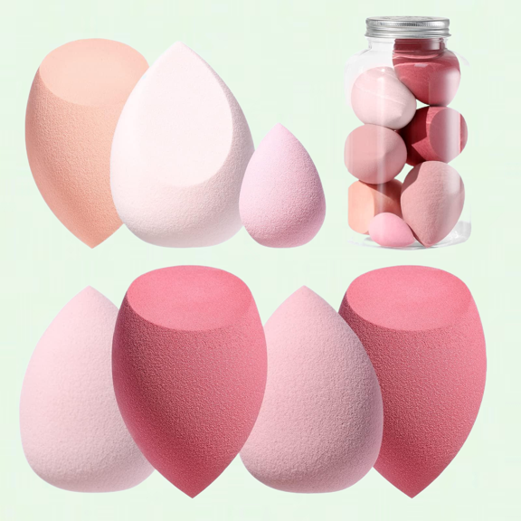 Makeup Sponge Set with 7 Different Shapes and 1 Mini Sponge, Perfect for Foundation, Cream, and Powder, Assorted in Pink (A-Pink)