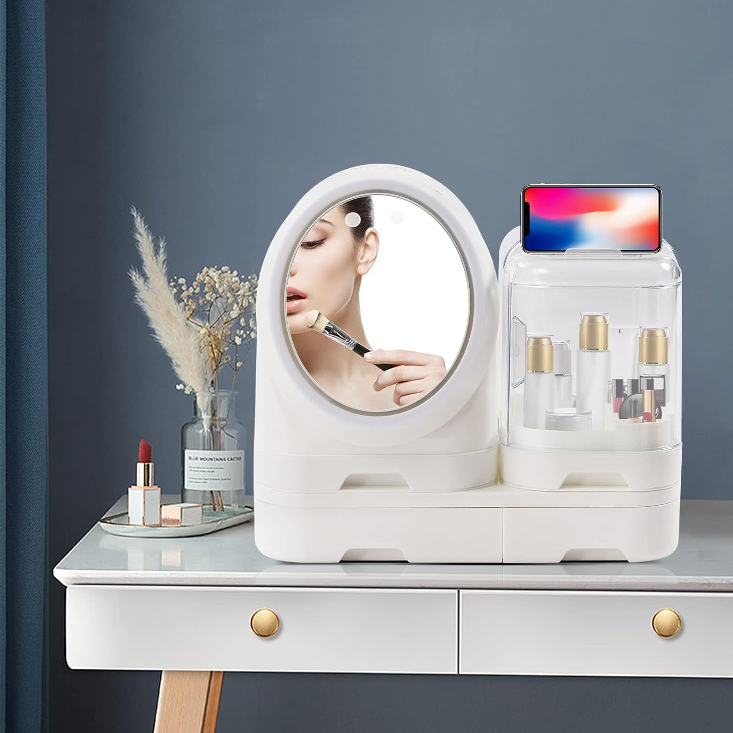 Makeup Storage Organizer with LED Mirror and Makeup Fan, Makeup ...