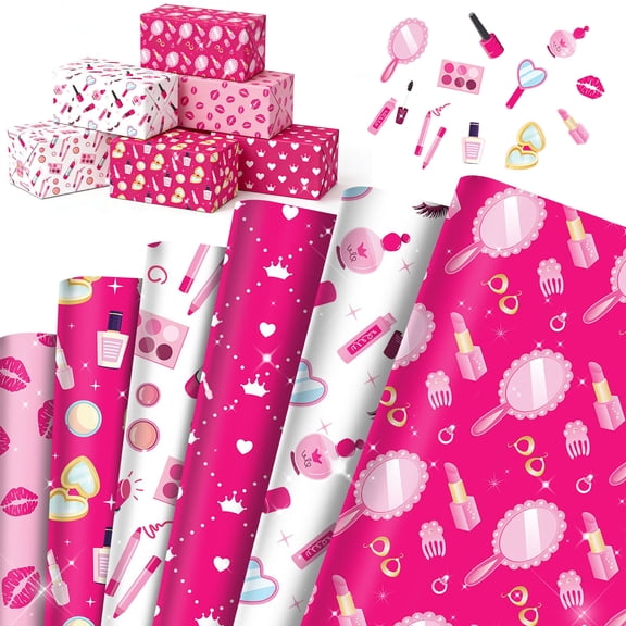 Makeup Theme Party Wrapping Paper Set with Envelopes - Sweet Pink Gold Cosmetic Design for Beauty Spa Bridal Shower Decor