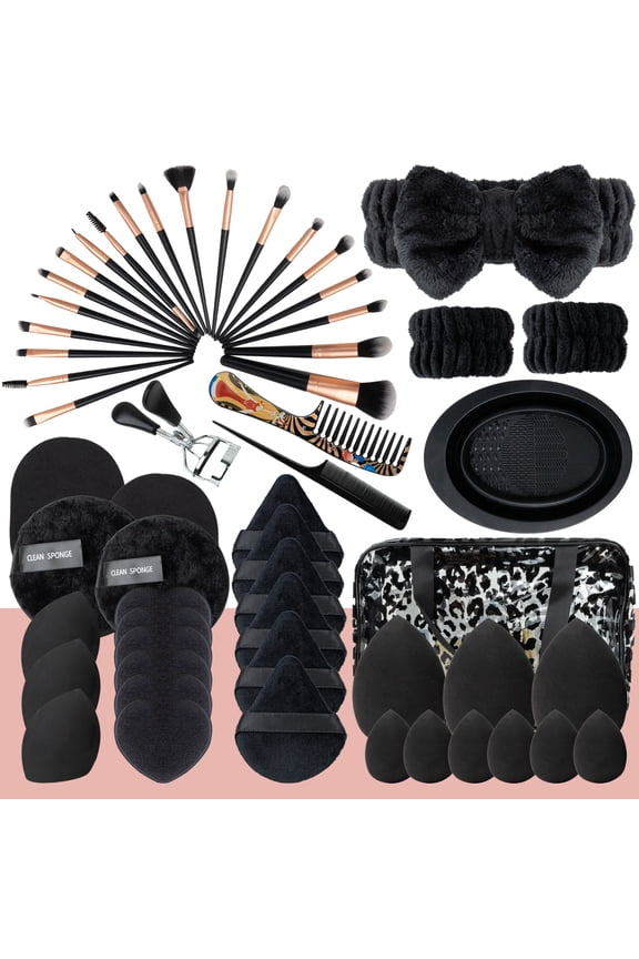 Makeup Tools Kit, 20 Pcs Makeup Brush Set with Black Leopard Makeup Bag, Beauty Essentials Set with Makeup Sponge, Powder Puffs, Wash Face Headband, Wristband for Beginner & Professional (Black)