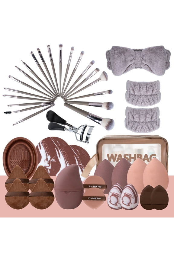 Makeup Tools Kit, 20 Pcs Makeup Brush Set for Foundation Concealer with Wash Bag, Beauty Essentials Set with Makeup Sponge, Powder Puffs, Wash Face Headband, Wristband for Beginner & Professional