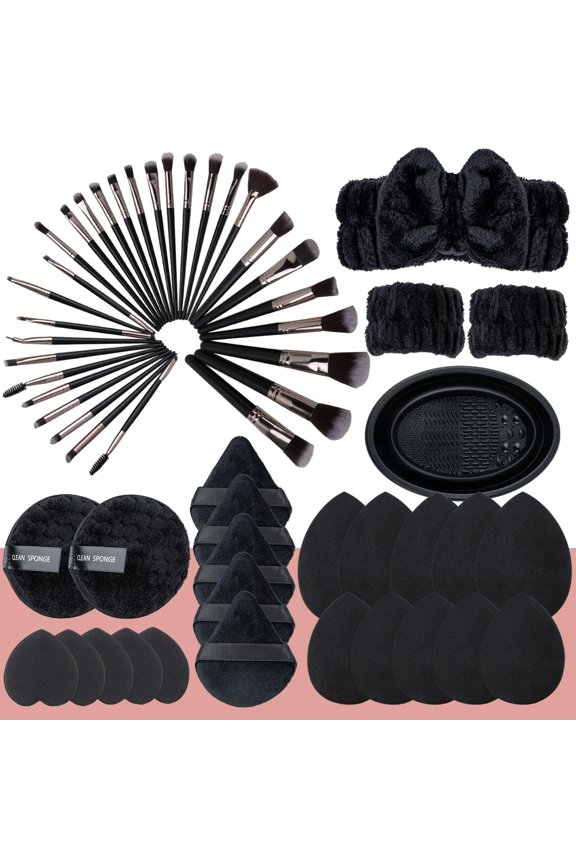 Makeup Tools Kit, 30 Pcs Makeup Brush Set for Foundation Eyeshadow, Beauty Essentials Set with Makeup Sponge, Powder Puffs, Face Wash Headband, Wristband for Beginner & Professional (Black Coffee)