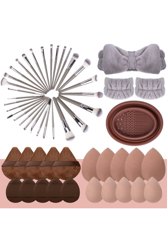 Makeup Tools Kit, 54 Pcs Makeup Brush Set for Foundation, Beauty Essentials Set with Makeup Sponge, Powder Puffs, Face Wash Headband, Wristband for Beginner & Professional (Champagne Coffee)