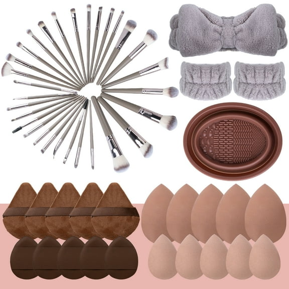 Makeup Tools Kit, 54 Pcs Makeup Brush Set for Foundation, Beauty Essentials Set with Makeup Sponge, Powder Puffs, Face Wash Headband, Wristband for Beginner & Professional (Champagne Coffee)