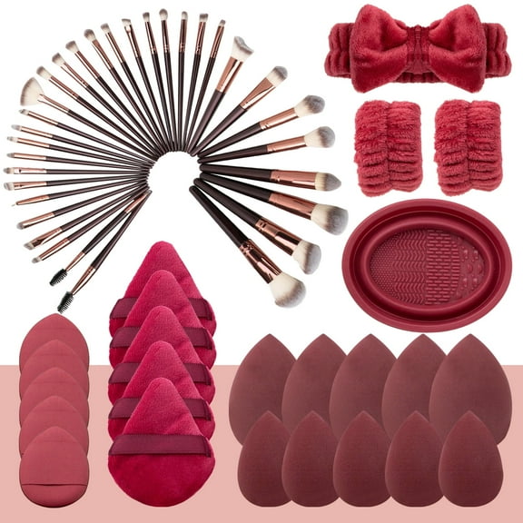 Makeup Tools Kit, 32 Pcs Makeup Brush Set for Foundation Eyeshadow Blush, Beauty Essentials Set with Makeup Sponge, Powder Puffs, Face Wash Headband, Wristband for Beginner & Professional (Wine Red)