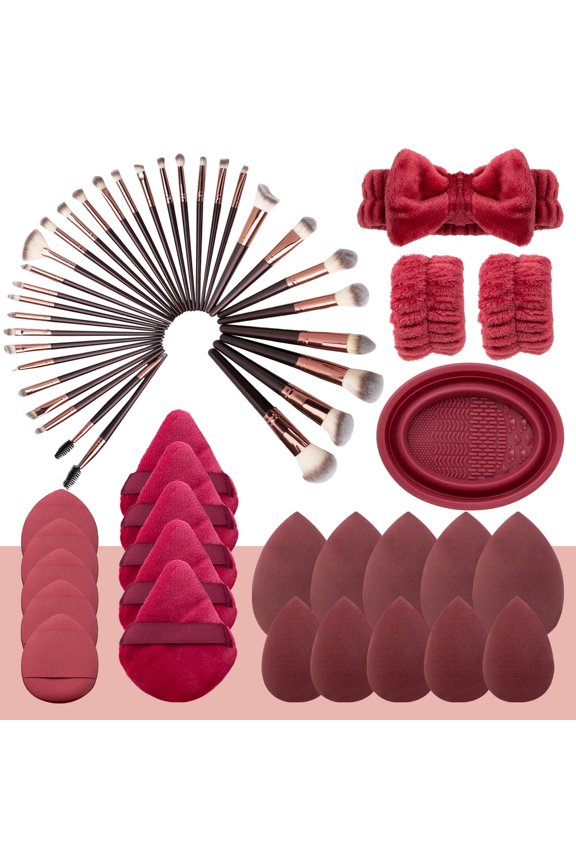 Makeup Tools Kit, 32 Pcs Makeup Brush Set for Foundation Eyeshadow Blush, Beauty Essentials Set with Makeup Sponge, Powder Puffs, Face Wash Headband, Wristband for Beginner & Professional (Wine Red)