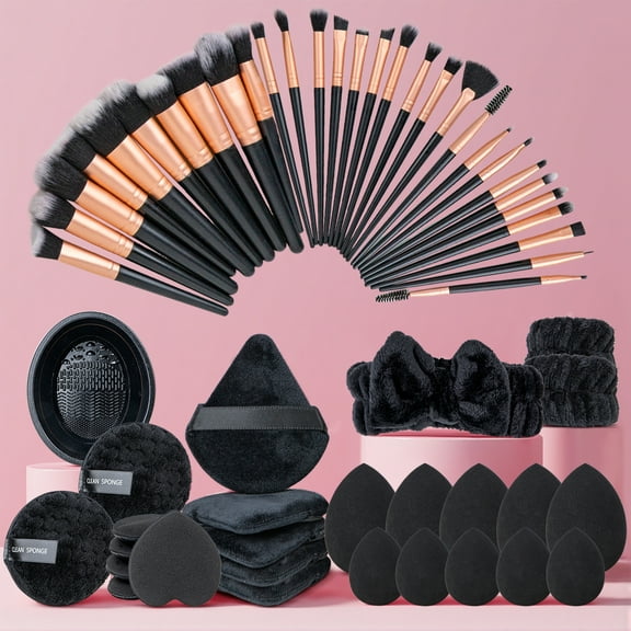 Makeup Tools Kit, Makeup Brush Set for Foundation Eyeshadow Blush, Beauty Cosmetic Essentials Set with Makeup Sponge, Powder Puffs, Face Wash Headband, Wristband for Beginner & Professional (Black)