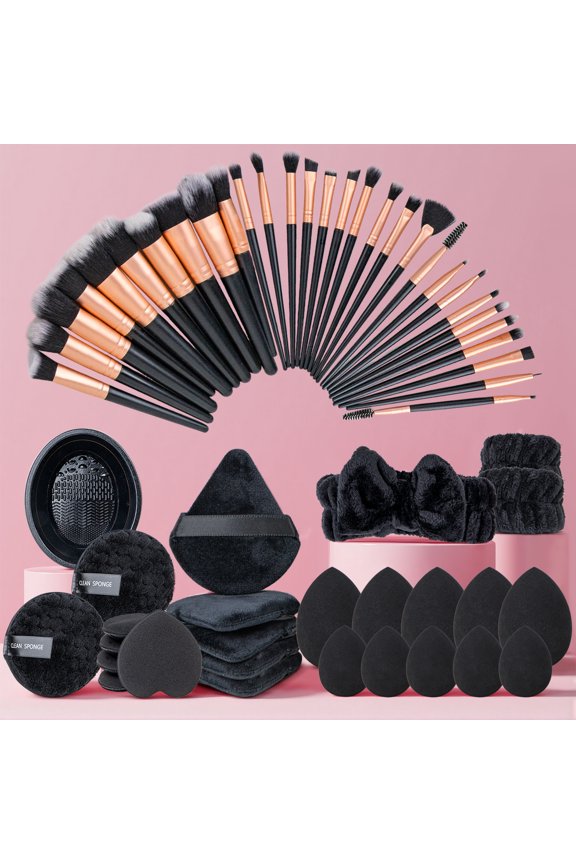 Makeup Tools Kit, Makeup Brush Set for Foundation Eyeshadow Blush, Beauty Cosmetic Essentials Set with Makeup Sponge, Powder Puffs, Face Wash Headband, Wristband for Beginner & Professional (Black)