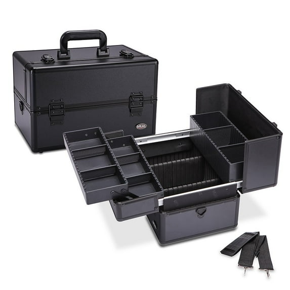 Makeup Train Case 14.5" Professional Cosmetic Organizer Box with Removable/Adjustable Dividers (Black)